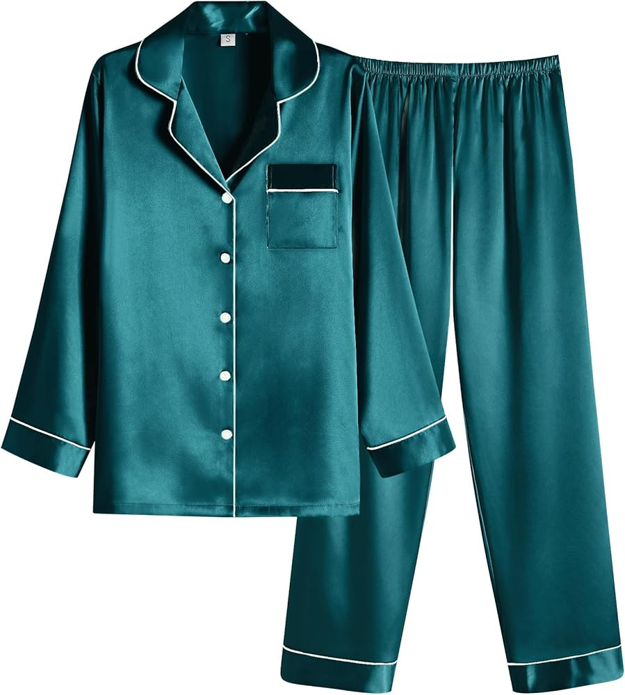 Ekouaer Women Satin Pajamas Set Classic Button Down Long Pjs Set | Amazon (US)