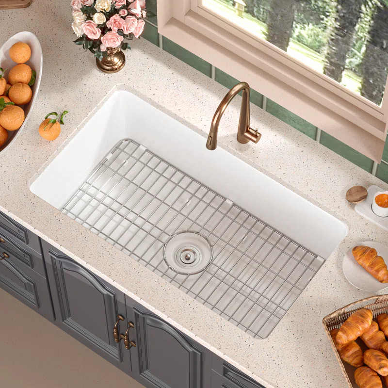 Rectangular Fireclay 32" L x 19" W Undermount Kitchen Sink with Basket Strainer and Sink Grid | Wayfair North America