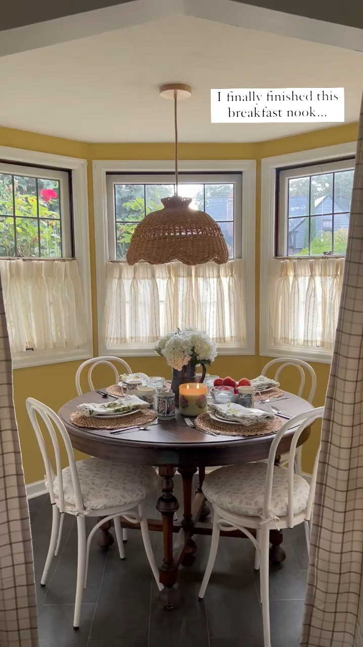 I’ve been working on this breakfast nook all year and finally found everything it needed! Complemented by these beautiful styling pieces from @greenrow. Have you guys checked them out yet? Newer brand, focused on sustainability, so many beautiful patterns, and romantic moody styles!! 
Sources:
Napkins, crocheted, chargers, candle, seat cushions:  @greenrow 
Café curtains:  @pepperhome 
Light fixture:  @rowabi.interiors 
Linked everything in the LTK post! 

#sponsored by Greenrow

#LTKHome