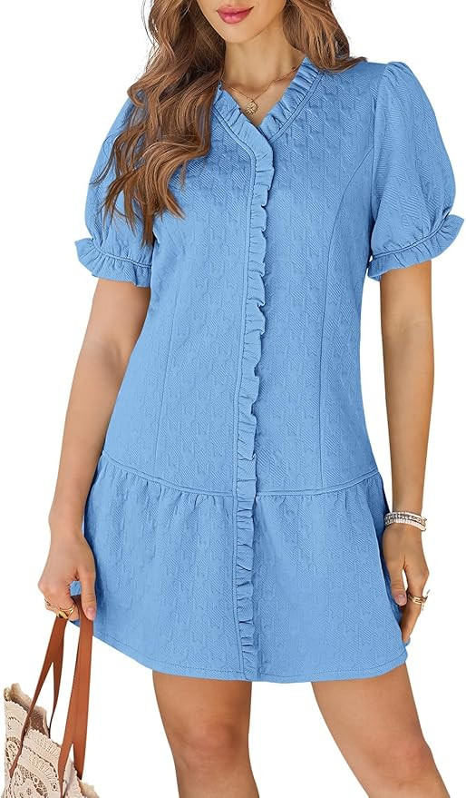 Wenrine Womens Casual Mini Dress Textured Puff Short Sleeve V Neck Ruffle Loose A Line Spring Dre... | Amazon (US)