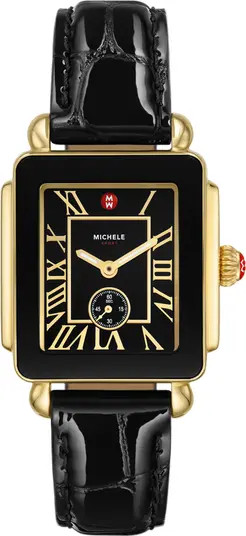 MICHELE Deco Sport Mid Leather Strap Watch, 29mm x 31mm | Nordstrom | Nordstrom