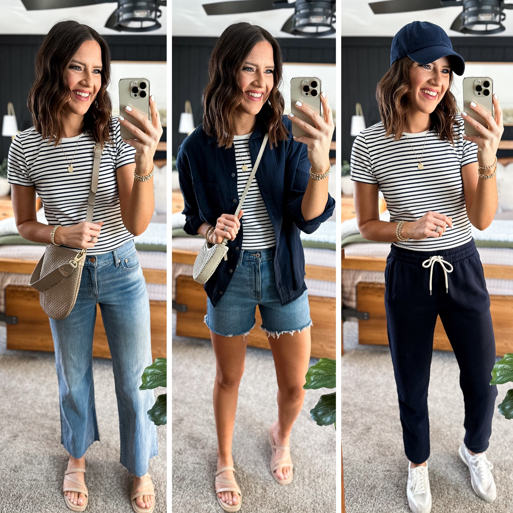Spring Capsule Wardrobe (Stripe Tee Styling) 

Stripe tee (small) 
Light wash jeans (26 long) 
Shorts (26) 
Navy button up (small) 
Navy joggers (small long) 


#LTKstyletip #LTKfindsunder100 #LTKfindsunder50