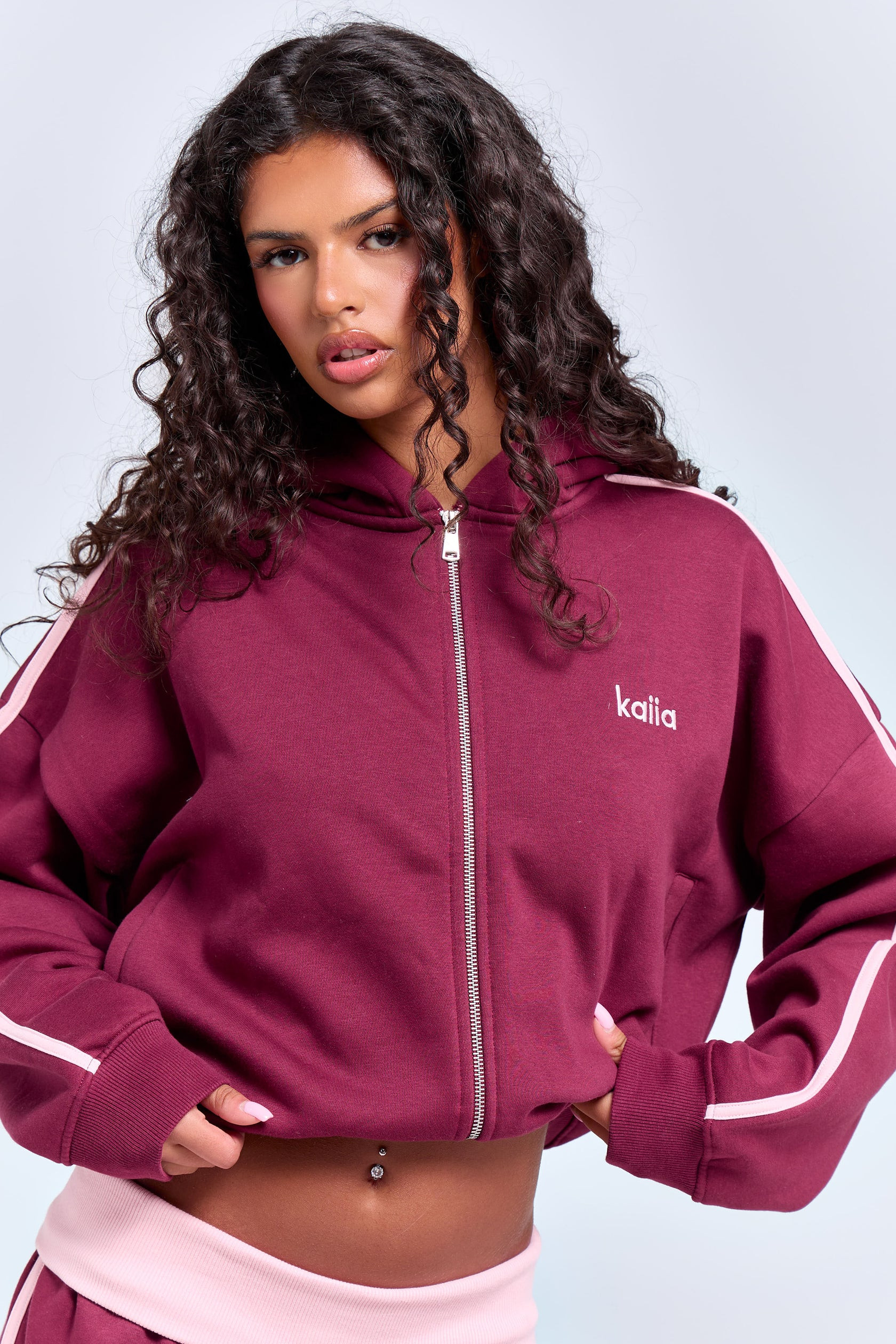 Kaiia Sport Side Stripe Oversized Zip Through Hoodie Burgundy & Pink Chai | Kaiia the Label