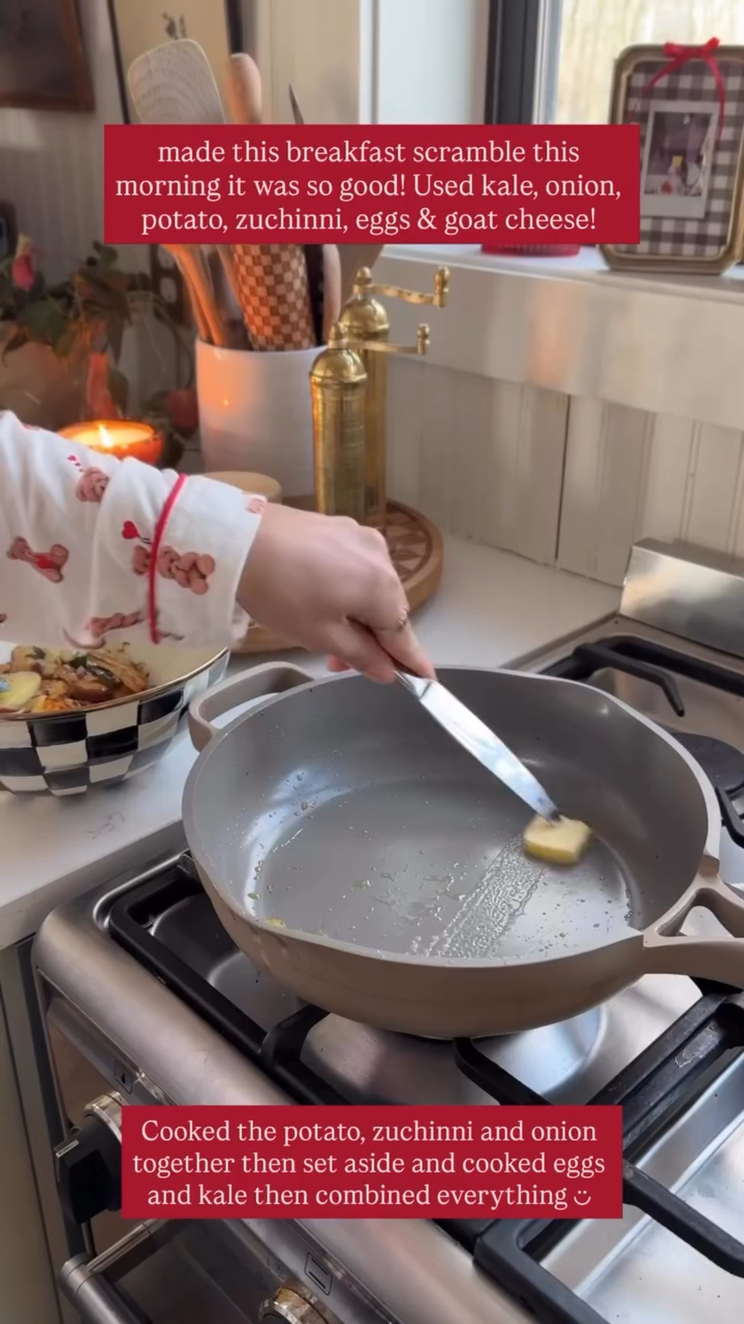 made this breakfast scramble this morning it was so good! Used kale, onion, potato, zuchinni, eggs & goat cheese!  Cooked the potato, zuchinni and onion together then set aside and cooked eggs and kale then combined everything ◡̈