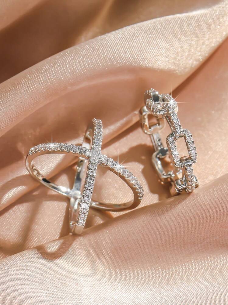 rakol 2pcs Silver-Tone Minimalist Cubic Zirconia Decorated Women's Ring Set | SHEIN