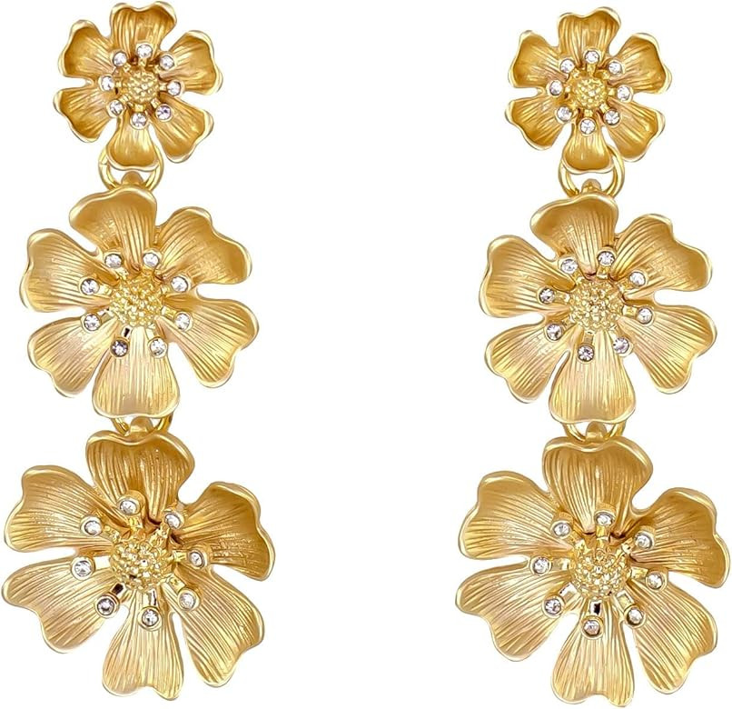 Laura Ashley Womens Jewelry Gold and Silver Triple Flower Drop Floral Dangle Earrings with Crysta... | Amazon (US)