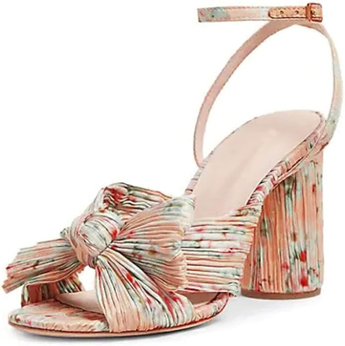 Vimisaoi Womens High Block Chunky Heel Sandals Fashion Open Toe Ankle Buckle Strap Pleated Bow He... | Amazon (US)