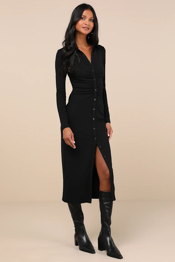 A Little Prep Black Button-Up Bodycon Midi Dress | Lulus