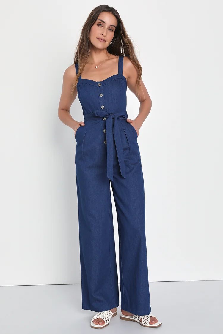 Your Best Crush Medium Wash Chambray Belted Wide-Leg Jumpsuit | Lulus (US)