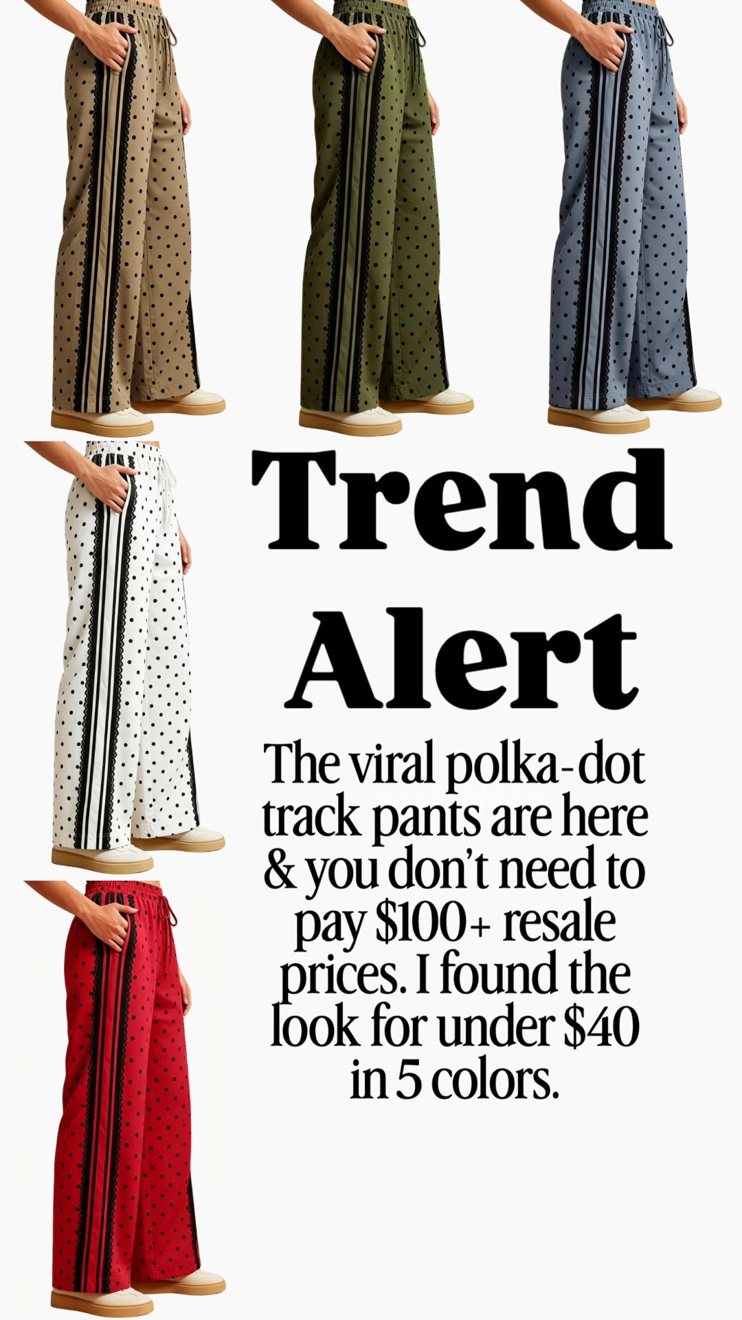 The polka-dot track pant trend is HERE. 👀 If you missed the viral Adidas pair that sold out and is now showing up on resale sites for $100+, this is your chance to get the look for under $40! They come in 5 pretty colors and are giving major sporty-chic, retro, street-style vibes. Perfect with sneakers, a fitted tee, oversized button-down, denim jacket or your favorite elevated basics. Tap to shop before these sell out too! #polkadotpants #trackpants #athleisurestyle #sportychic #fashionover40

#LTKootd #LTKSaleAlert #LTKOver40