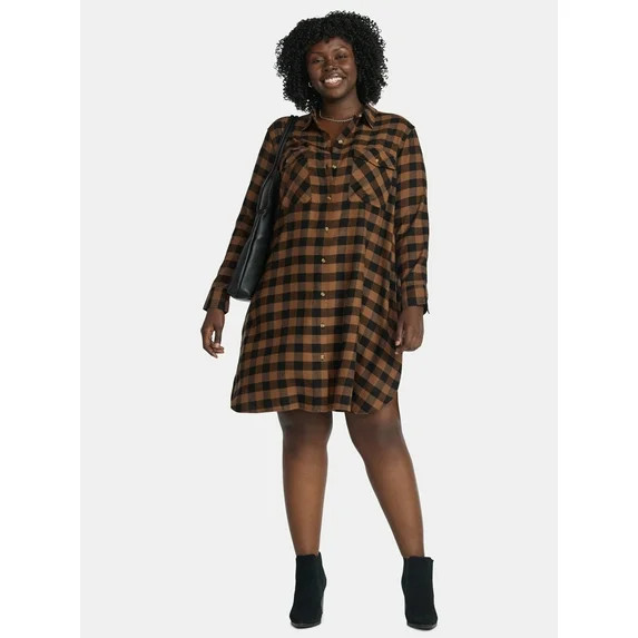 Terra & Sky Women’s Plus Cotton Plaid Overshirt Dress, Sizes 1X-4X | Walmart (US)