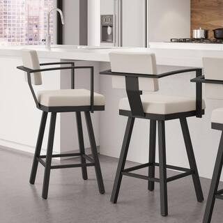 Akers 30 in. Cream Faux Leather Black Metal Swivel Bar Stool | The Home Depot