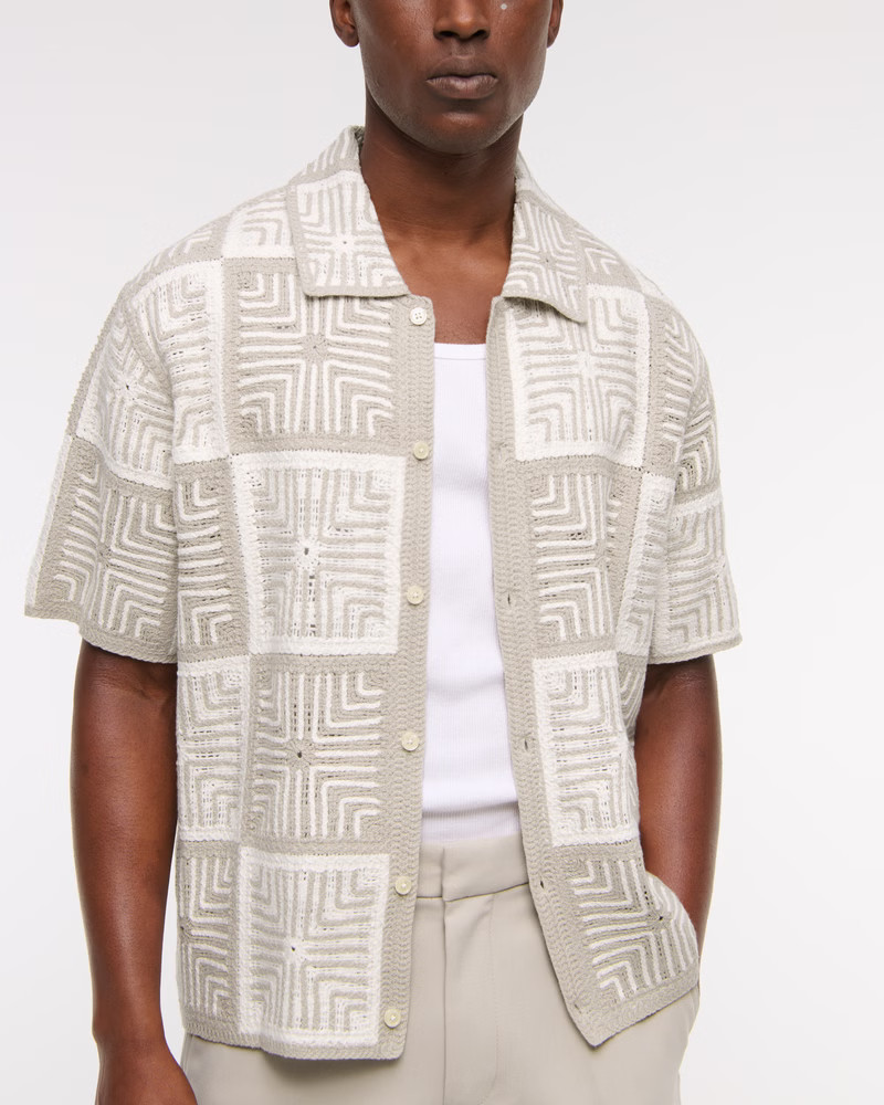 Crochet-Style Geometric Button-Through Sweater Polo | Abercrombie & Fitch (US)