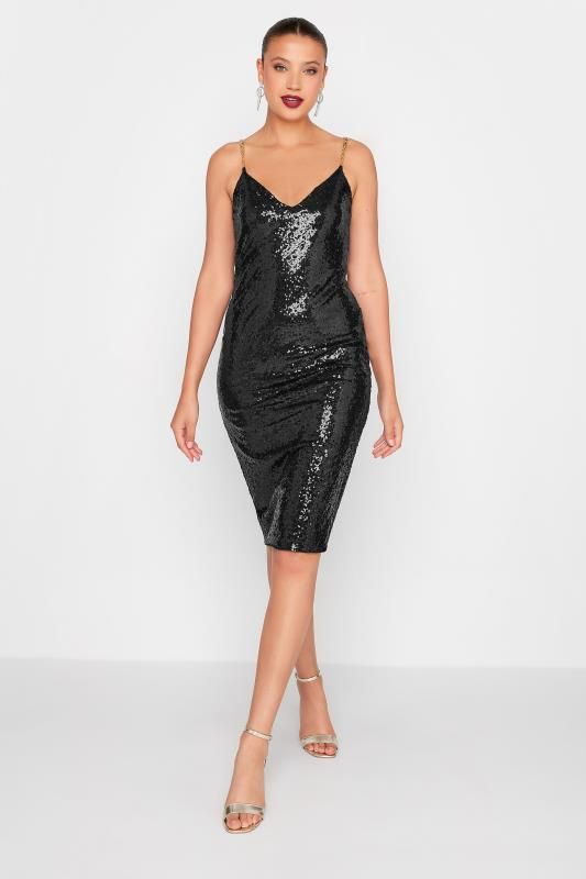 LTS Tall Black Sequin Chain Strap Mini Dress | Long Tall Sally