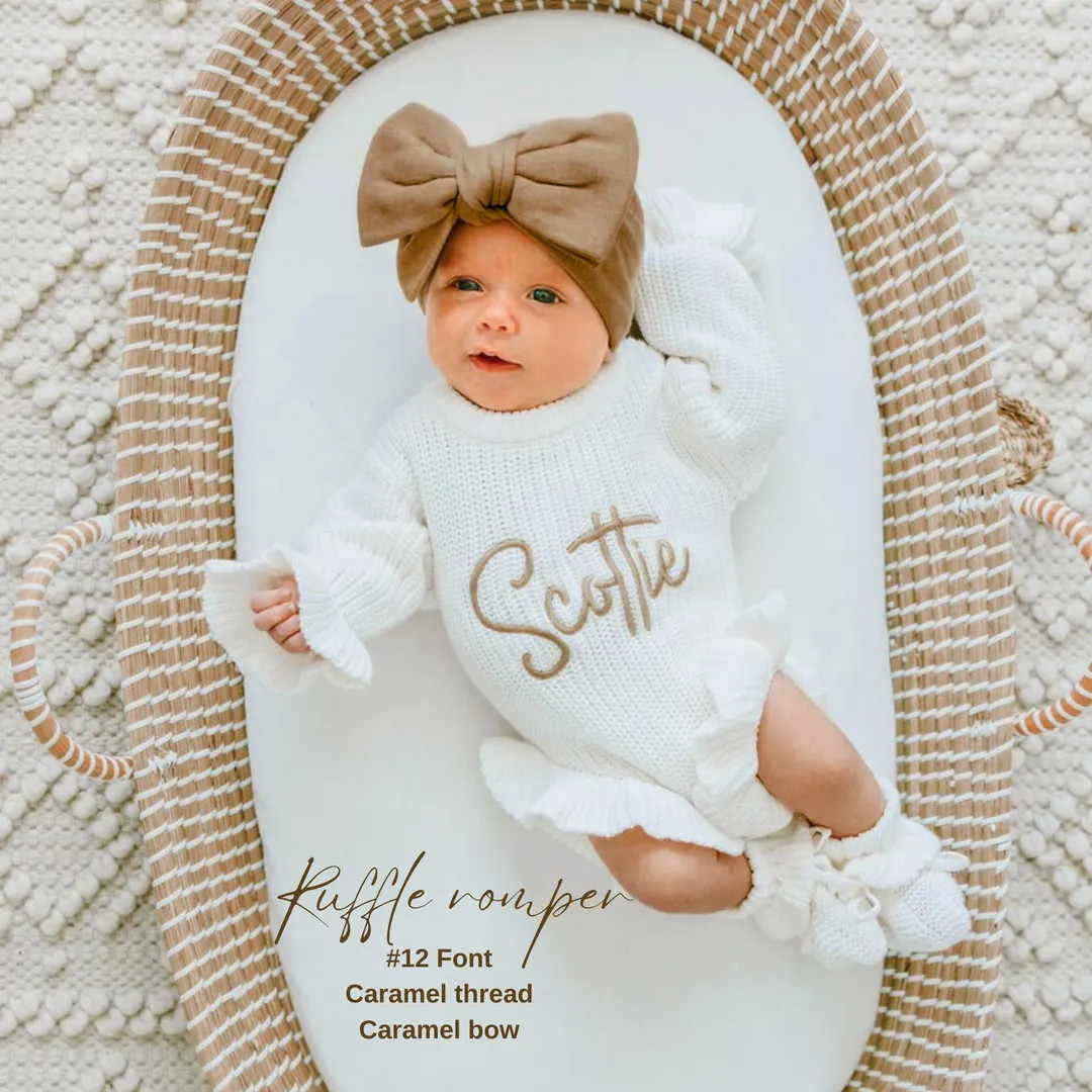 Keepsake Embroidered Knit Ruffle Romper, Personalized Newborn Name Chunky Sweater Romper Baby Gir... | Etsy (US)