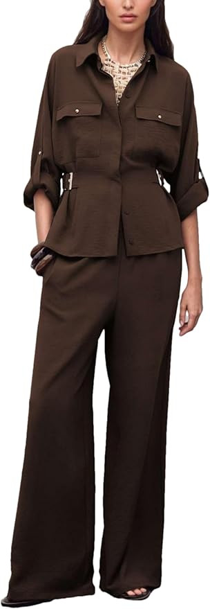 Mingzhu Women's 2 Piece Linen Outfits Long Sleeve Button Down Buckle Safari Shirts Elastic Waist ... | Amazon (US)