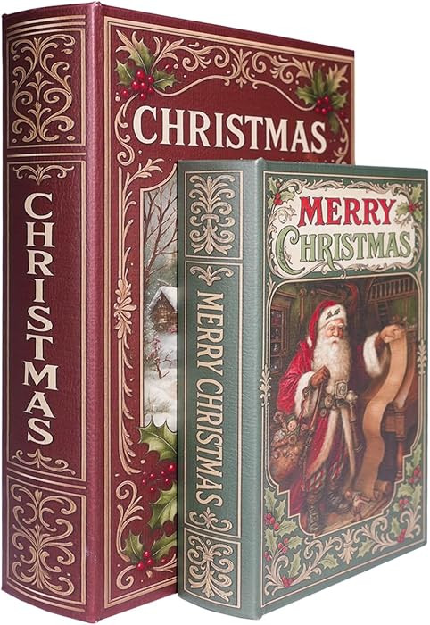 Christmas Decorative Wooden Book Box Set of 2 – Vintage Faux Book Boxes with Leather Cover, Sec... | Amazon (US)