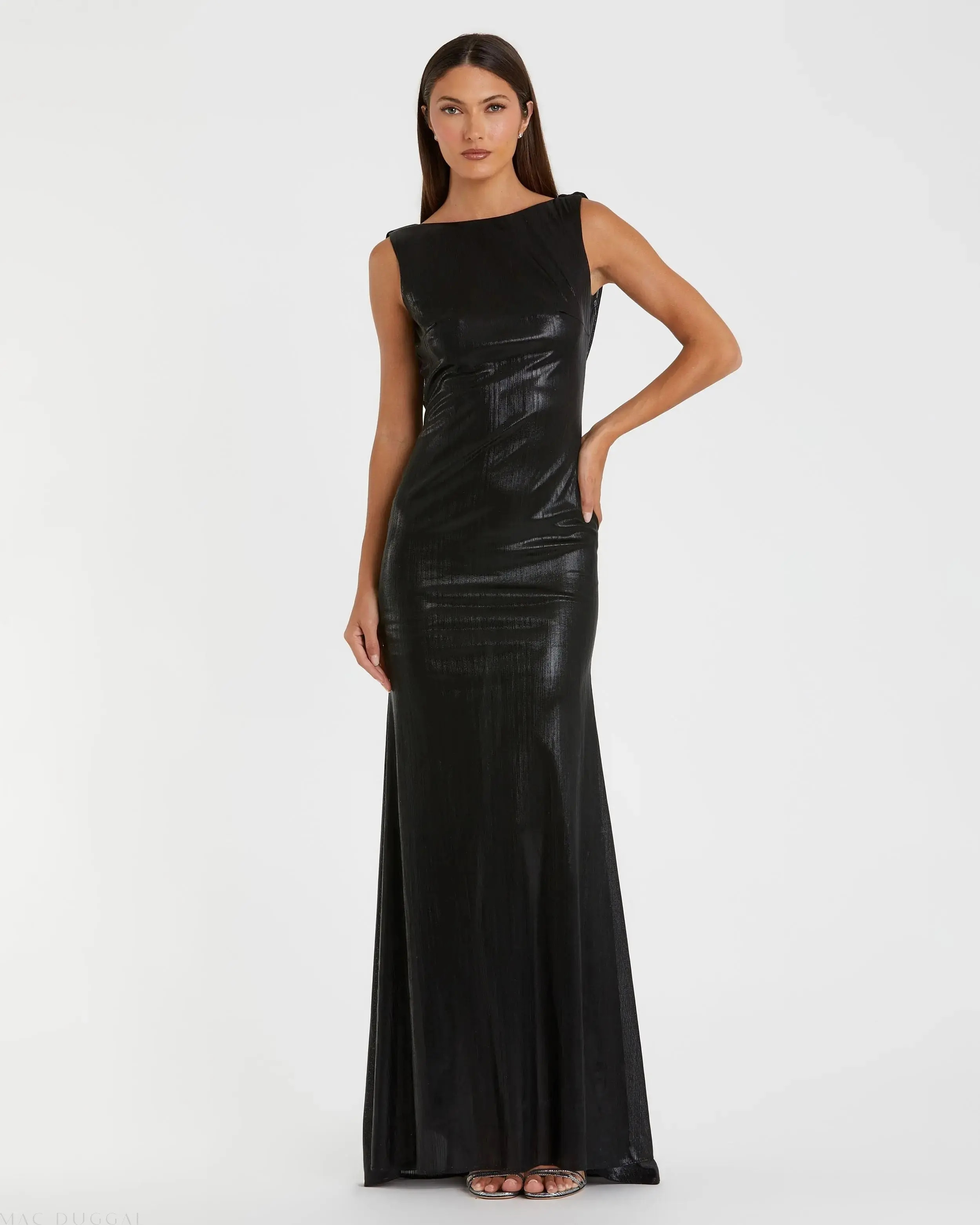 Black Metallic Jersey Cowl Back Column Gown - Mac Duggal | Mac Duggal