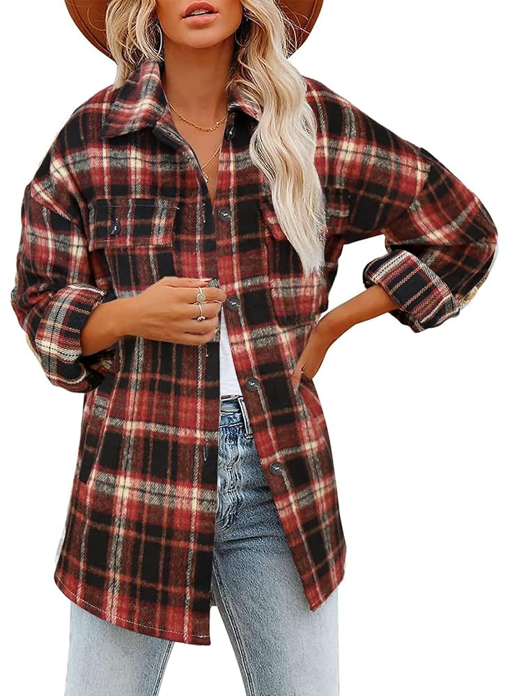 Beaully Women's Flannel Plaid Shacket 2025 Fall Outfits Long Sleeve Button Down Shirts Jacket Coa... | Amazon (US)