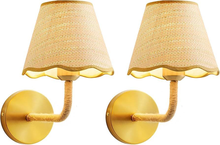 Boho Set of Two Hand Woven Ratten Wall Sconce, Hardwired Wall Sconces with Grass-Woven Lampshade ... | Amazon (US)