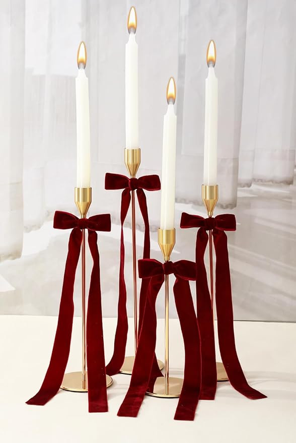 Whaline 12Pcs Velvet Christmas Bows for Candlestick Decor 4" x 12" Wine Red Coquette Bows with Gl... | Amazon (CA)