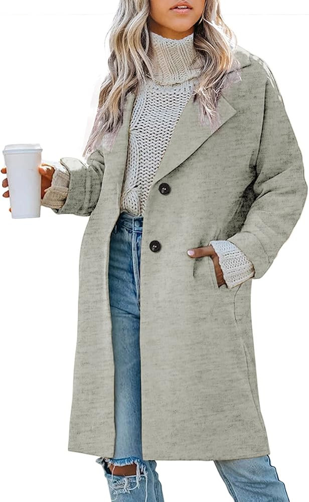 Womens Notched Lapel Coat Classic Single Breasted Pea Coat Winter Wool Blend Long Trench Overcoat Ou | Amazon (US)