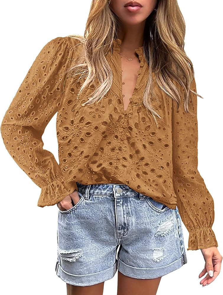 PRETTYGARDEN Women's Dressy Casual Blouse Tops Fall Puff Long Sleeve Button V Neck Hollow Out Lac... | Amazon (US)