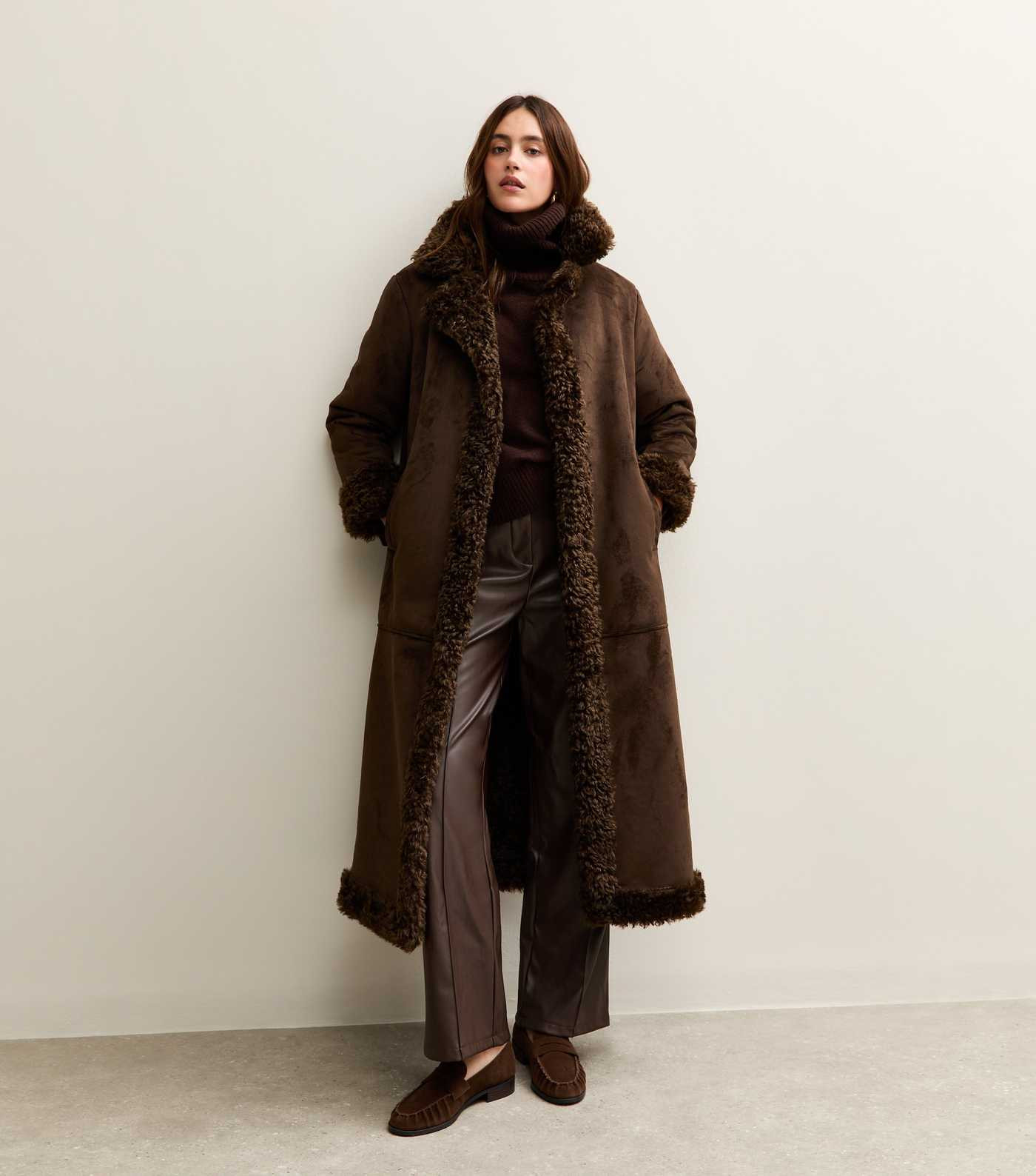 Dark Brown Faux Leather Wide Leg Trousers | New Look | New Look (UK)