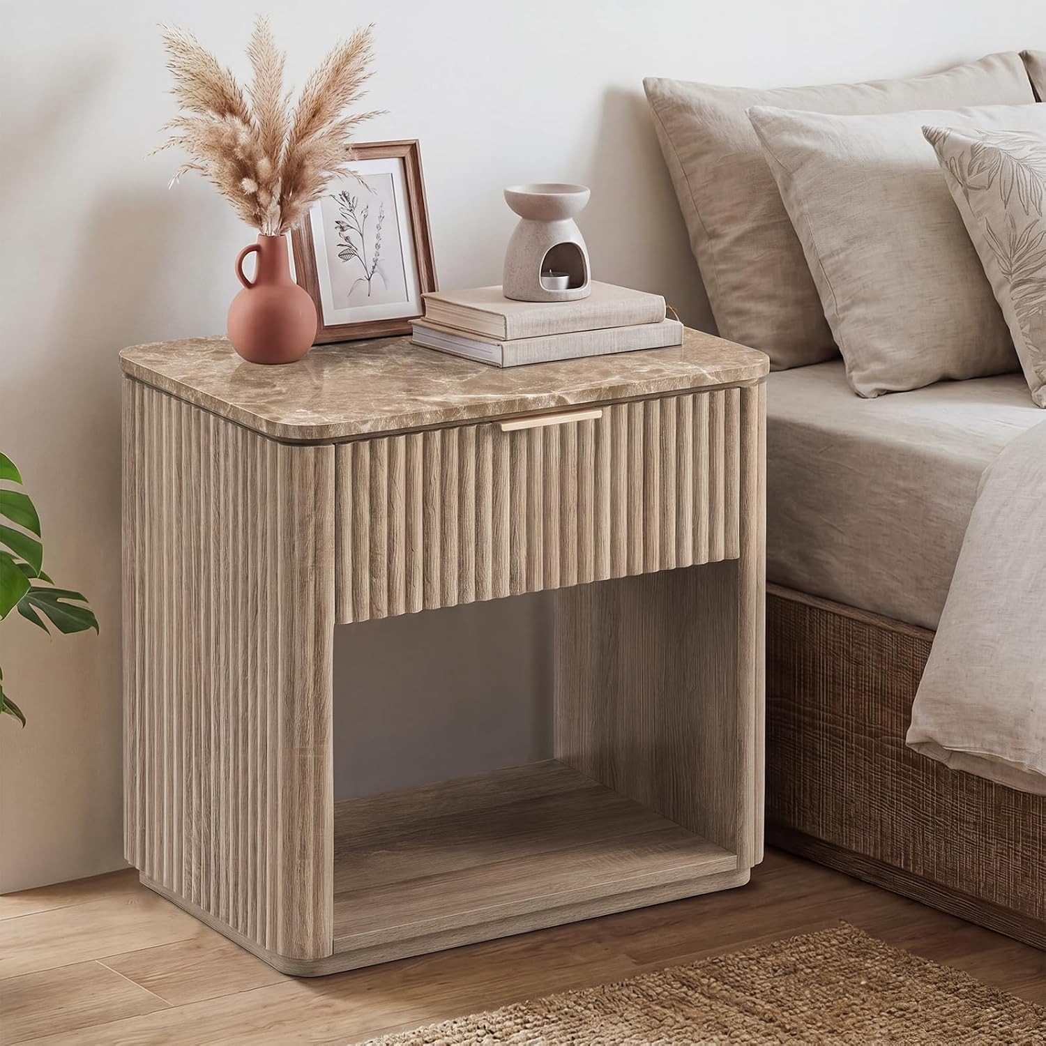 3 Sided Fluted Nightstand with Faux Marble Top, Modern Bedside Table | Amazon (US)