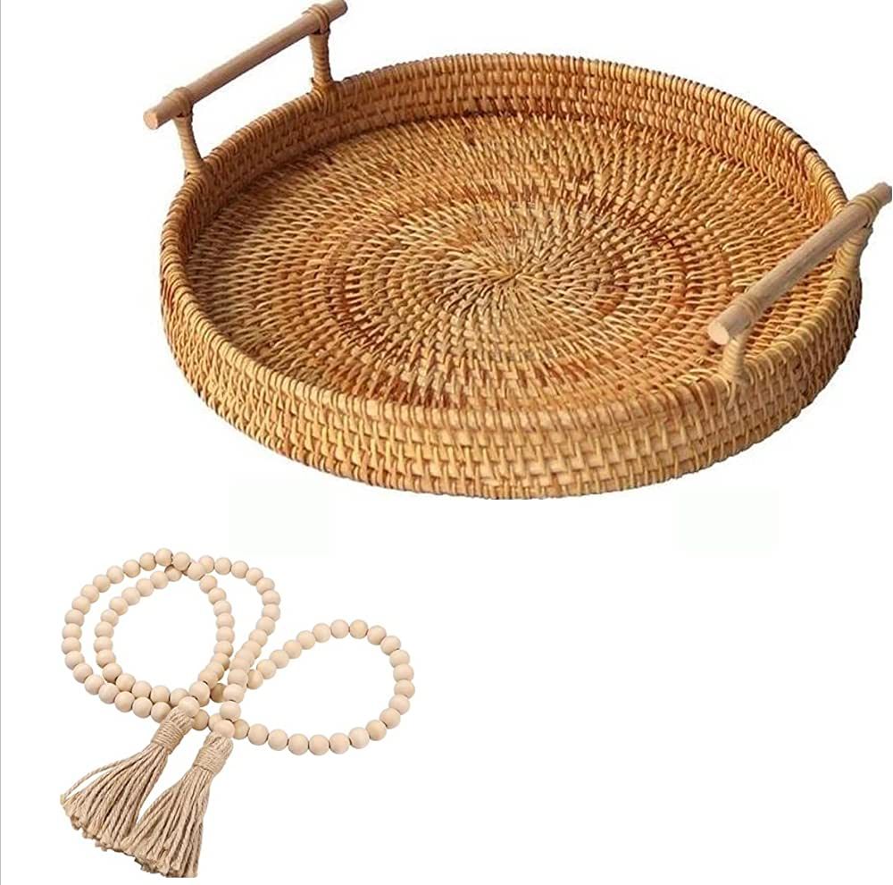 Coffee Table Decorative Tray, Hand Woven, Farmhouse Boho Decor, Wicker Serving Tray with Handles,... | Amazon (US)