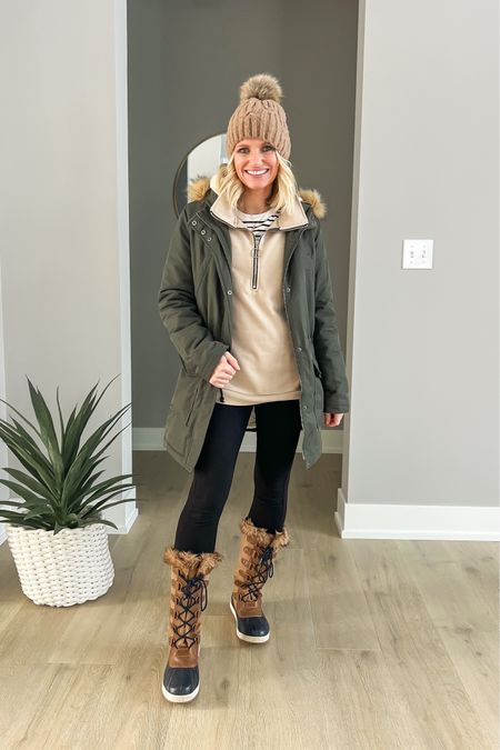 What I wore this week! Cozy snowy day outfit. 
Sweatshirt- small
Shirt under-
Leggings- xs
Boots- old, linked similar 
Coat- small
Hat- old, linked similar 

#LTKSeasonal #LTKstyletip #LTKfindsunder100