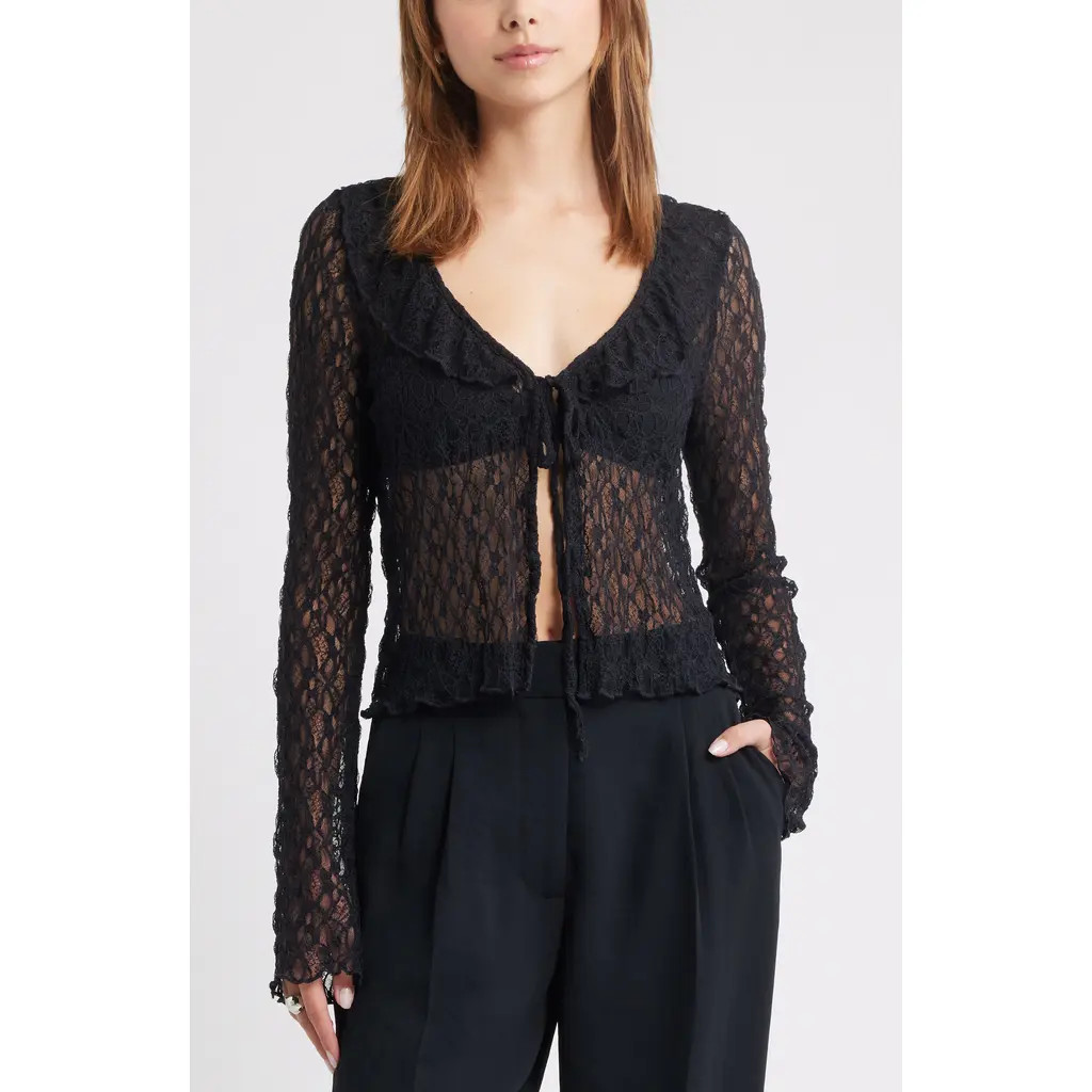 Open Edit Ruffle Sheer Lace Top in Black at Nordstrom, Size Xx-Small | Nordstrom
