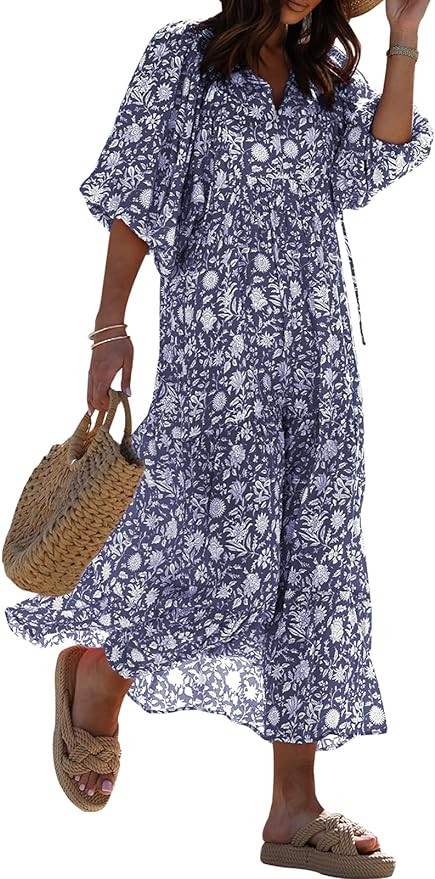 miduo Womens Loose Fit Casual Summer V Neck Half Sleeve Bohemian Geometric Pattern Maxi Long Dres... | Amazon (US)