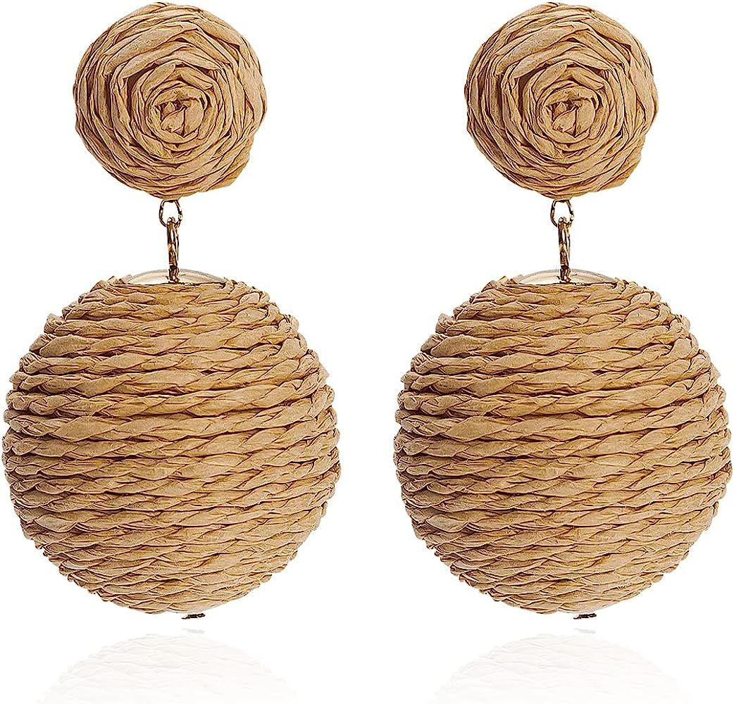 Pom Pom Statement Raffia Round Earrings 925 Sterling Silver Post Boho Drop Handmade Straw Earring... | Amazon (US)