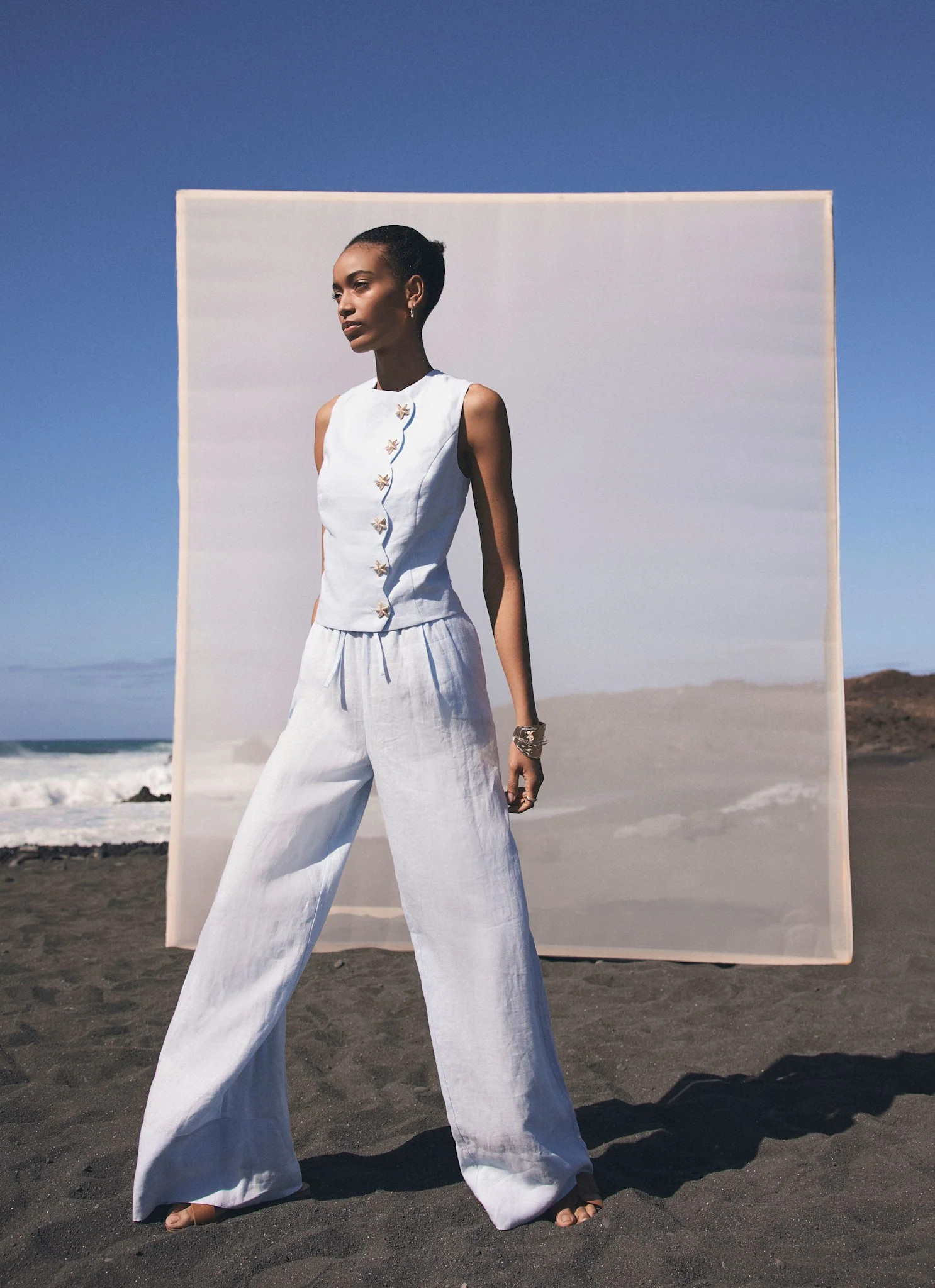 Blue Linen Wide Leg Trousers | Mint Velvet