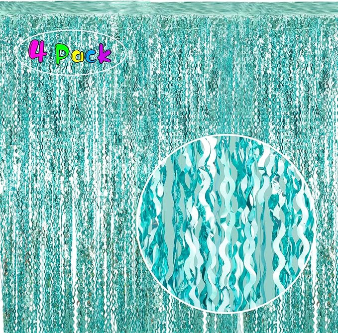 4 Pack 3.3 ft x 6.6 ft Wavy Aqua Teal Blue Tinsel Foil Fringe Curtains Backdrop - Wave Metallic F... | Amazon (US)