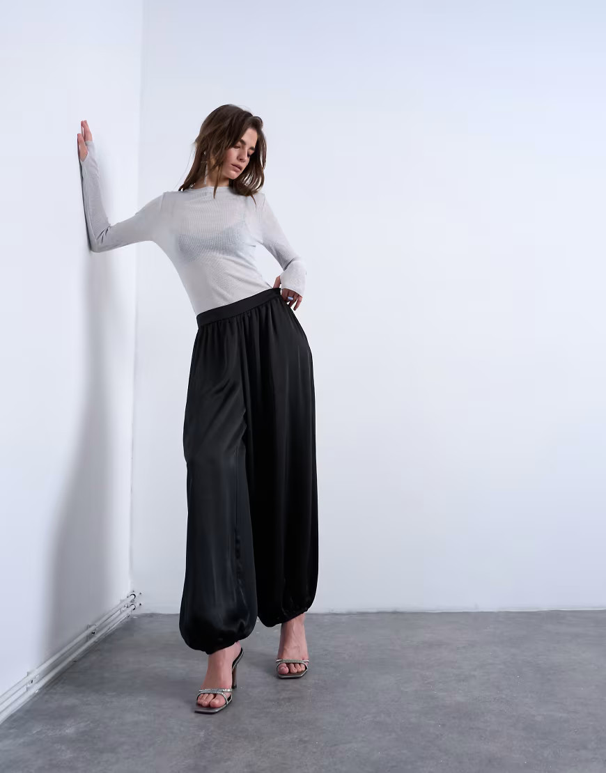 Topshop satin deep waistband balloon trouser in black | Topshop (UK, DE, FR)