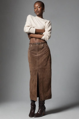 Bl-nk Black Coffee Leather Midi Skirt | Anthropologie (US)