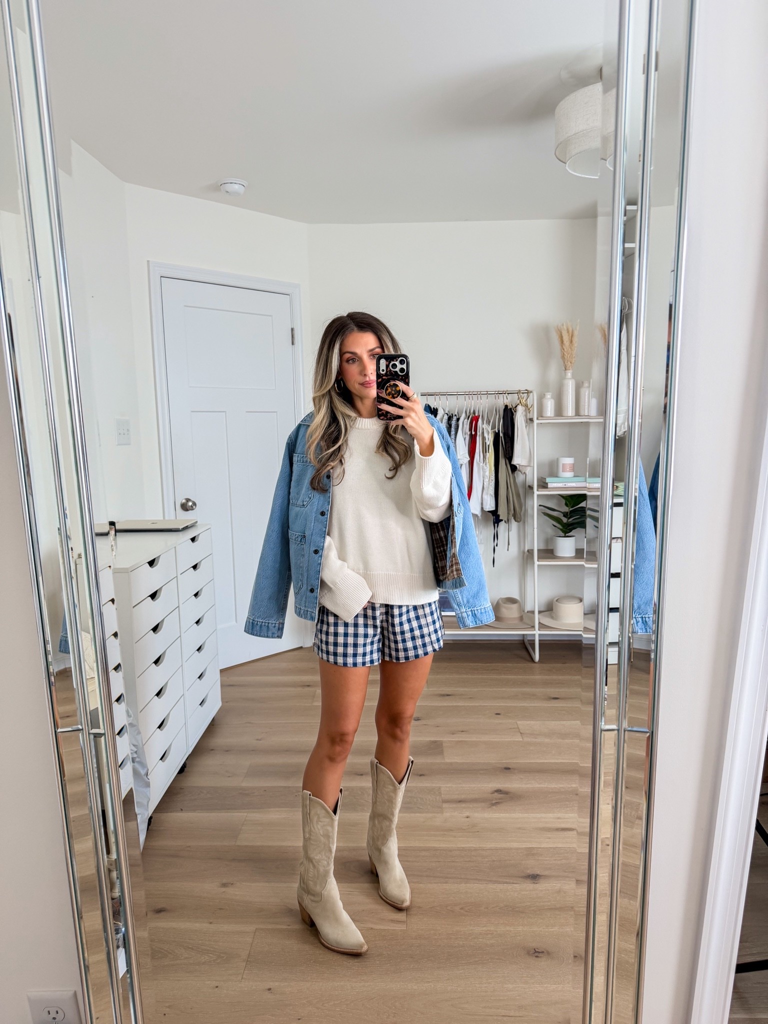 Cute & casual fall outfit 
+ size xxs in the den jacket! It’s reversible which I love. Size up if you want to be able to fit thicker sweaters underneath 
+ size small in the Madeline sweater — this is my favorite most worn sweater hands down 
+ size xs in the plaid shorts 
+ boots are true to size

#LTKPetite #LTKSeasonal #LTKootd