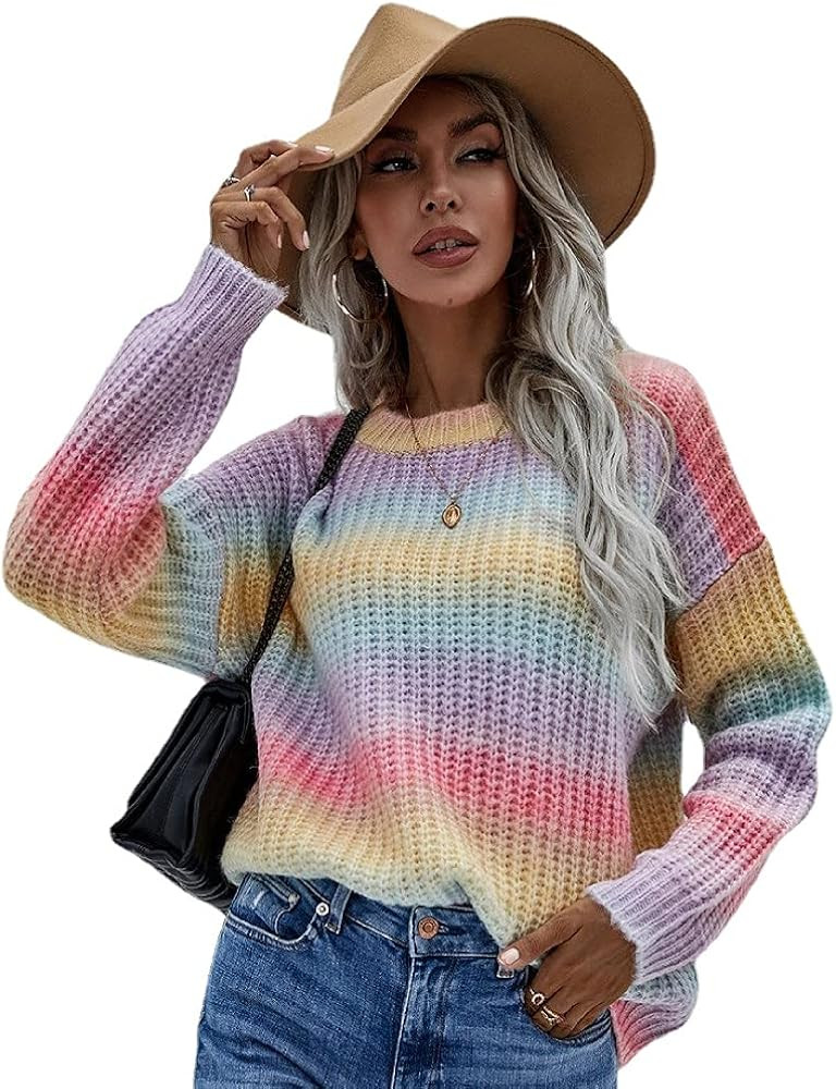 Thick Needle Gradient Sweater Pullover Striped Crew Neck Sweater | Amazon (US)