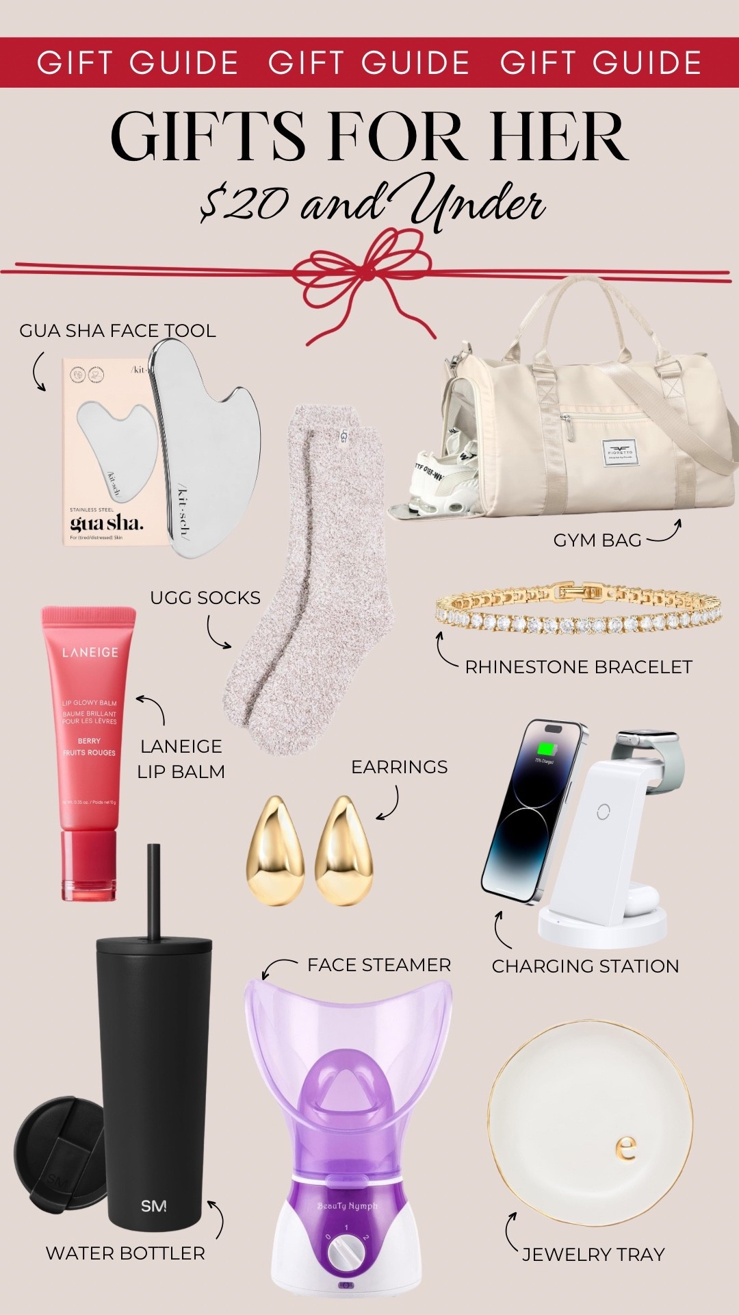 $20 and under gift ideas include a gua sha face tool, Ugg socks, a gym bag, tennis bracelet, Laneige lip balm, earrings, a charging station, insulated water bottle, face steamer, and a jewelry tray.

Gift guide, gifts for mom, gifts for her, under 20, gifts under 50

#LTKHoliday #LTKOver40 #LTKGiftGuide