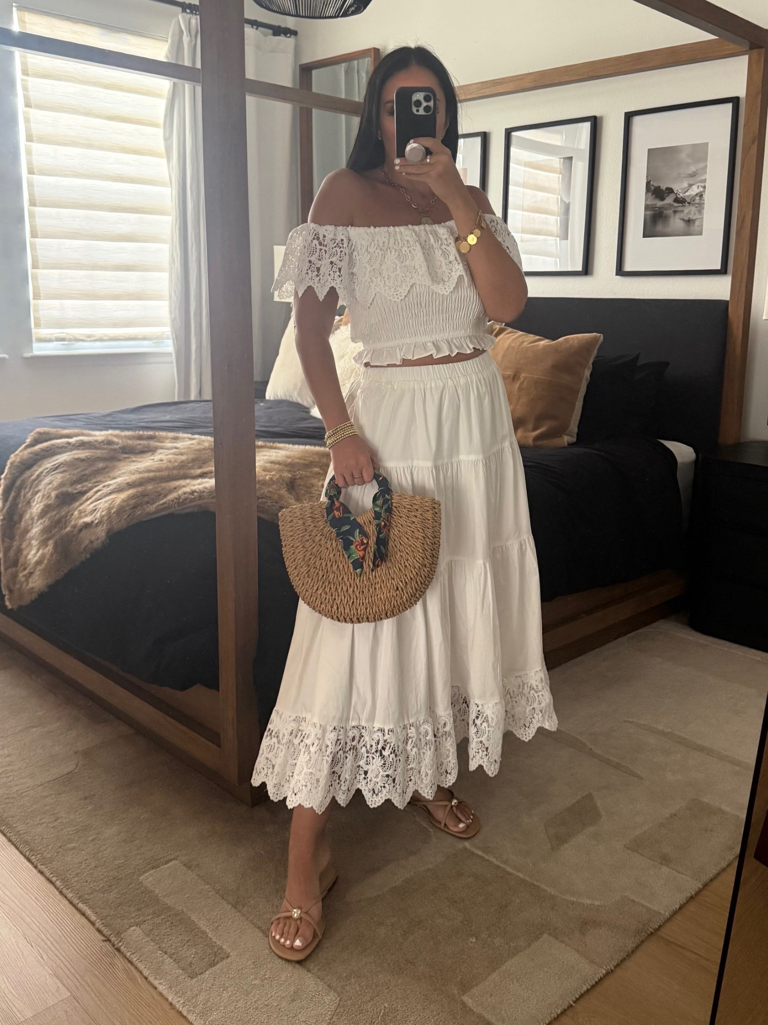 AQUA Lace Off The Shoulder Poplin Top. AQUA Tiered Poplin Midi Skirt