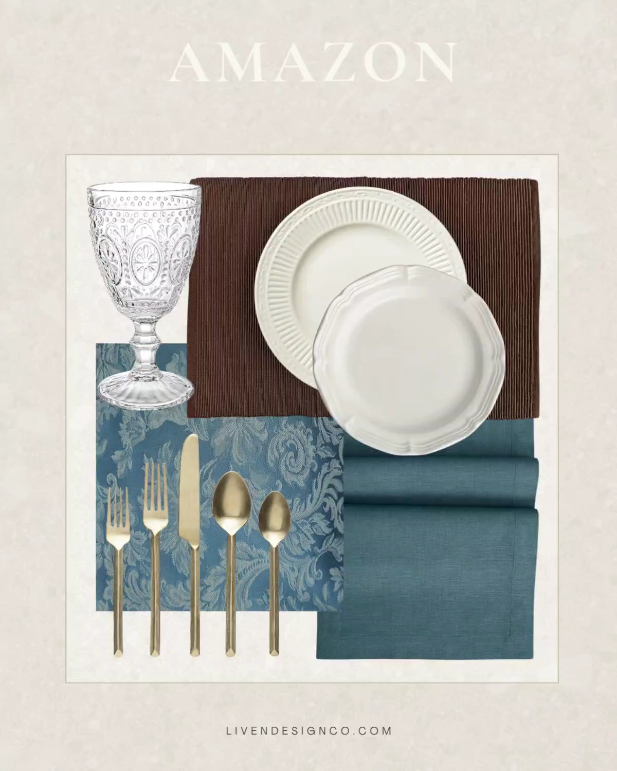 Amazon dining finds. Tablescape. Table setting. Damask napkins. Brown placemats. Dinnerware. Salad plates. Flatware. Table runner. Goblets. Drinkware 

#LTKSeasonal #LTKHome #LTKSaleAlert