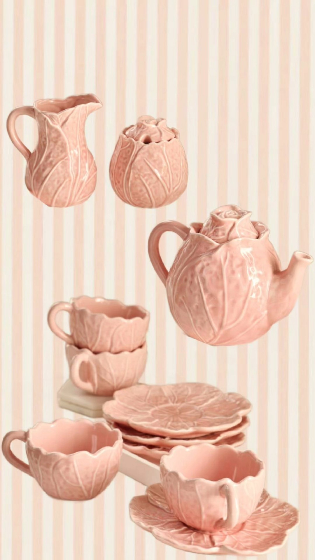 A dreamy blush pink ceramic tea set featuring vintage cabbage-style teapot, teacups, saucers, pitcher, and dessert plates.

#LTKHome #LTKFindsUnder50