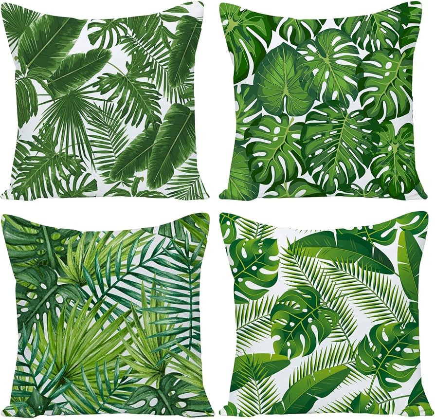 Set of 4 Green Tropical Plants Decorative Throw Pillow Covers 20x20 Inch Summer Palm Tree Leaves ... | Amazon (US)