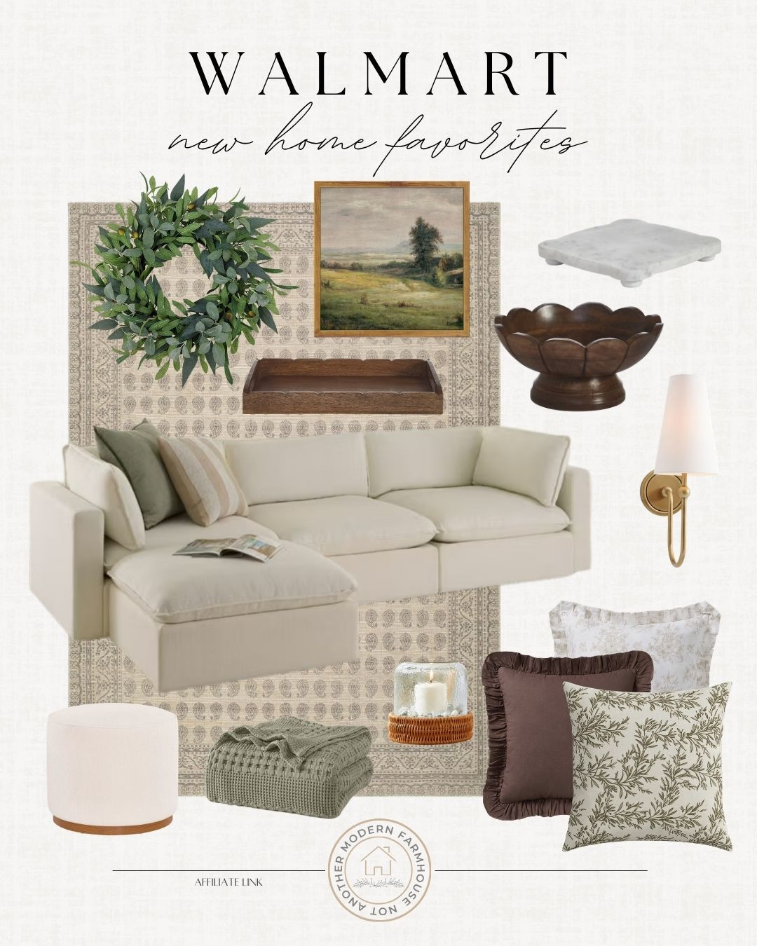 Walmart new home favorites for a soft neutral living room refresh with cozy textures, warm wood accents and pretty everyday pieces. 🤎

Walmart home, Walmart finds, new home favorites, living room finds, neutral home decor, cozy living room, Walmart home decor, cream sectional, neutral rug, vintage rug, faux greenery wreath, landscape art, wood tray, scalloped bowl, marble riser, wall sconce, throw pillows, floral pillow, ruffle pillow, green throw blanket, ottoman, candle holder, woven candle holder, cozy home style, warm neutrals, affordable home decor, living room refresh, home decor finds 

 #LTKHome