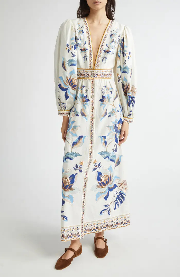 Mystic Blue Lotus Placed Print Long Sleeve Linen Blend Maxi Dress | Nordstrom
