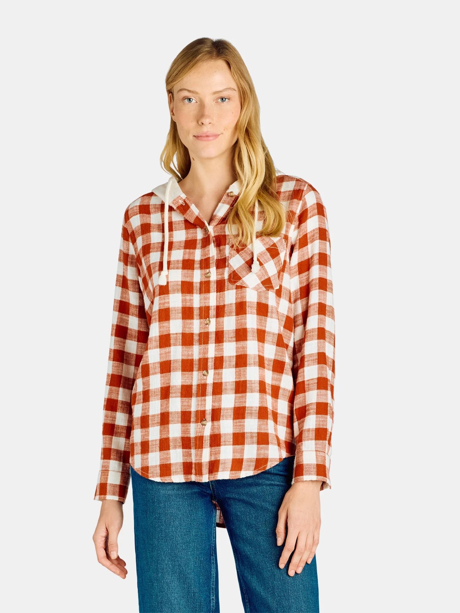 Time and Tru Women's Hooded Flannel Button Down Shirt with Long Sleeves, Sizes XS-XXXL | Walmart (US)