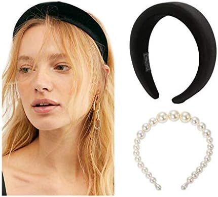 Womens Padded Headbands Fashion 2PCS Thick Velvet Pearl Vintage hair accessories Alice Band headb... | Amazon (US)