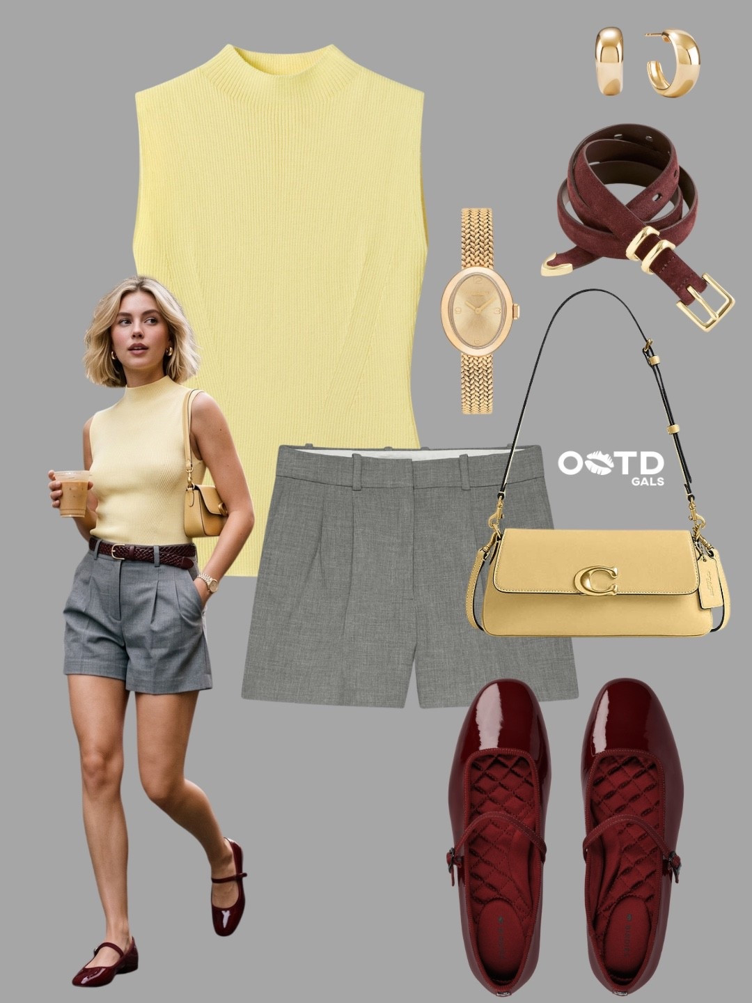 Soft butter yellow paired with cool grey and deep burgundy creates such a chic unexpected color combination 💛✨

This outfit feels polished, feminine, and fashion-forward while still being easy to wear.

✨ Style Details:
• Ribbed butter yellow sleeveless knit adding softness and warmth  
• Tailored grey shorts creating a clean sophisticated balance  
• Burgundy mary jane flats bringing a rich elegant contrast  
• Matching burgundy belt tying the whole look together beautifully  
• Structured yellow shoulder bag for a coordinated elevated touch  
• Minimal gold jewelry adding subtle luxury  

The mix of pastel yellow, cool grey, and wine tones makes this look feel modern, refined, and effortlessly stylish 🍋🍷

Perfect for café dates, summer city days, casual brunches, or vacation outfits.

#LTKeurope #LTKsummer #LTKstyletip